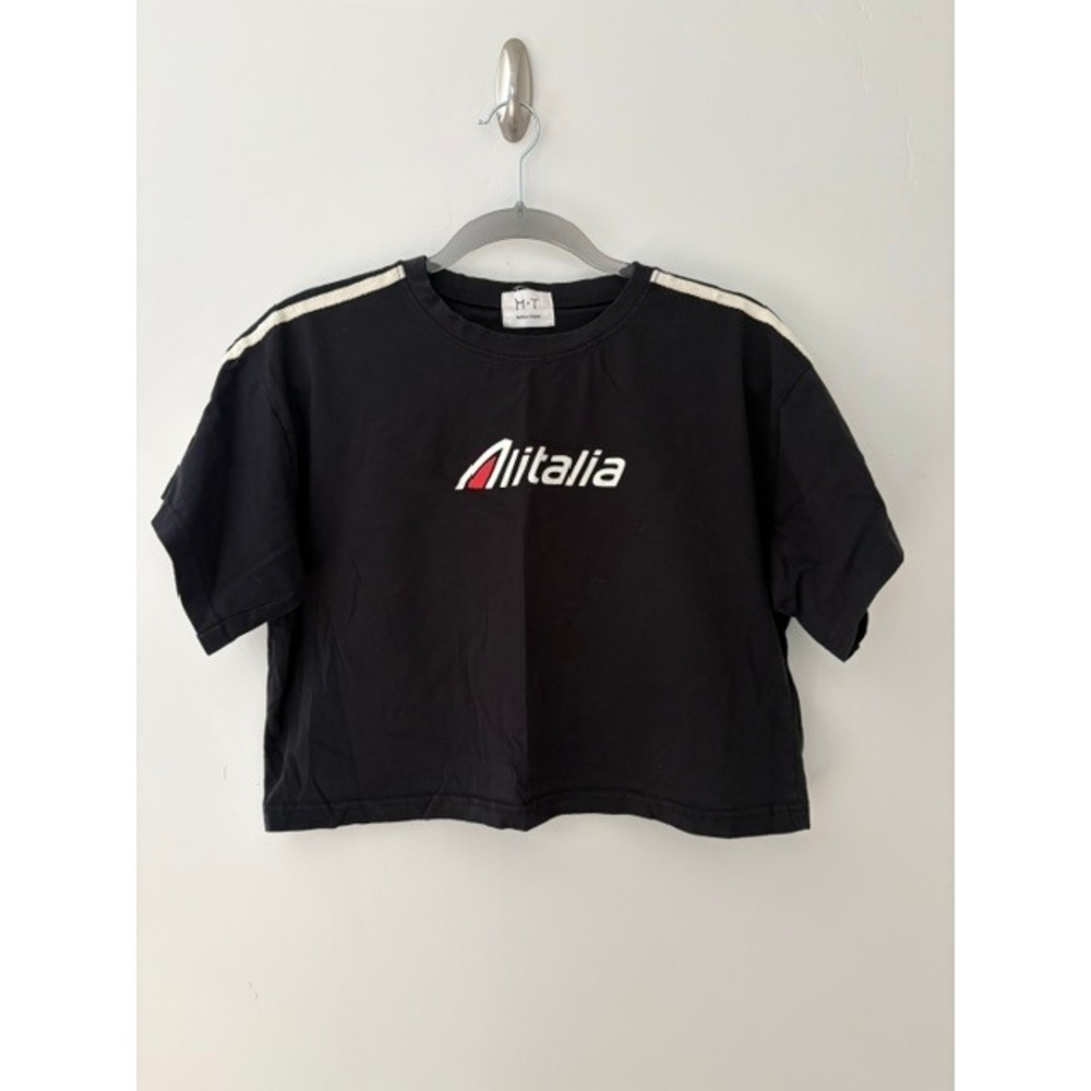 M-T Fashion Classic Alitalia Graphic Crop Top Black Short Sleeve Striped Tee